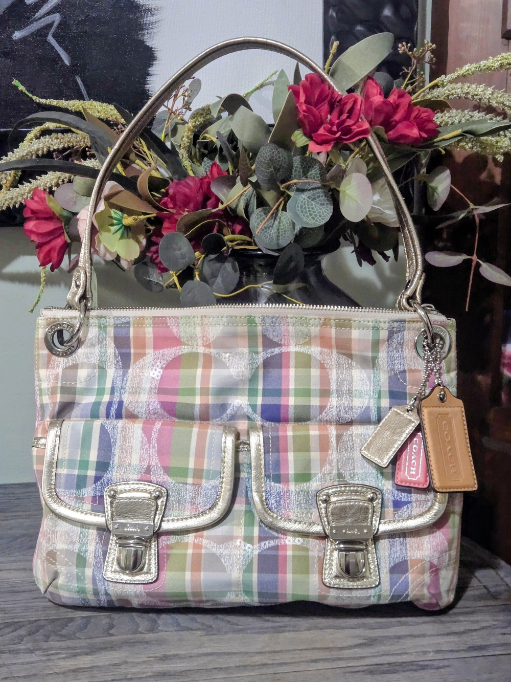 Coach Poppy Madras Plaid Leather Shoulder Bag with Gold Trim And Wristlet Purse - Picture 4 of 16